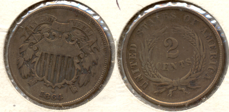 1864 Large Motto Two Cent Piece Fine-12 j Cleaned