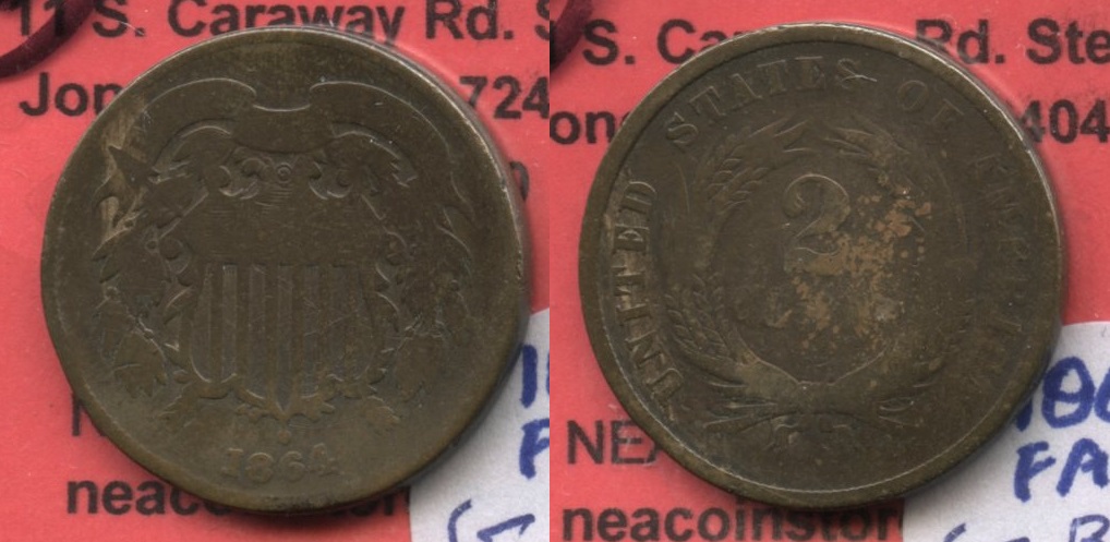 1864 Large Motto Two Cent Piece Good-4 #bb Bent