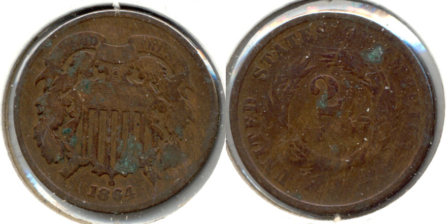1864 Large Motto Two Cent Piece Good-4 d Green Matter