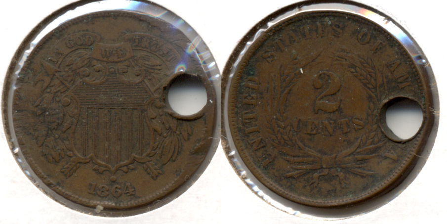 1864 Large Motto Two Cent Piece VF-20 a Large Hole