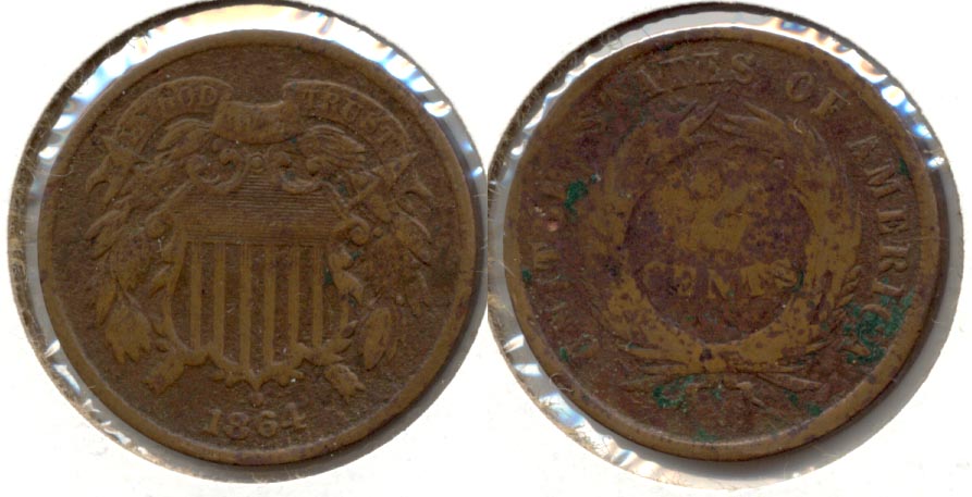 1864 Large Motto Two Cent Piece VG-8 d Bit Rough