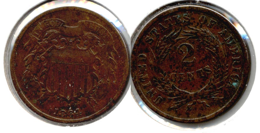 1864 Large Motto Two Cent Piece VG-8 f Reverse Spot