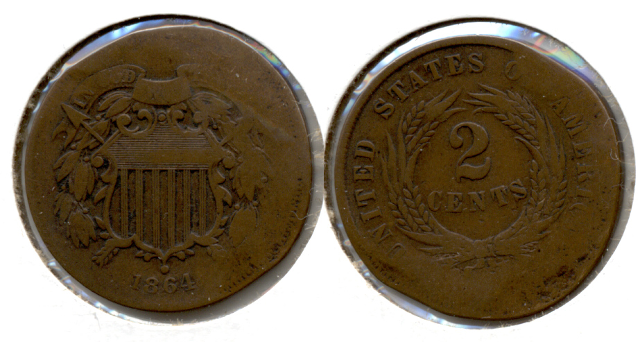 1864 Large Motto Two Cent Piece VG-8 n Smashed Rim