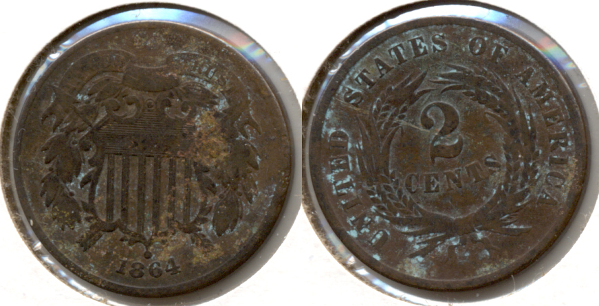 1864 Large Motto Two Cent Piece VG-8 p Cleaned
