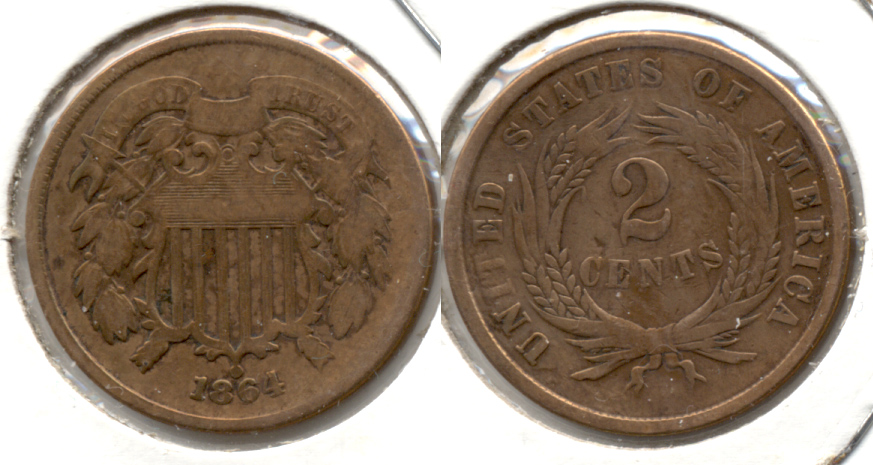 1864 Large Motto Two Cent Piece VG-8 q Cleaned