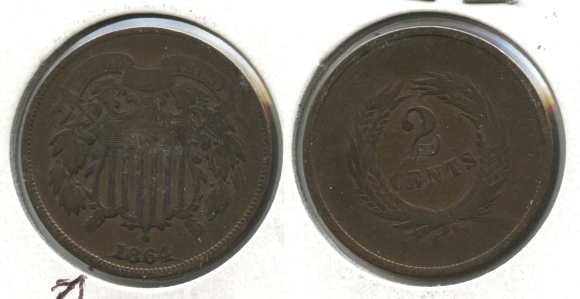 1864 Large Motto Two Cent Piece VG-8 #w Filled Die