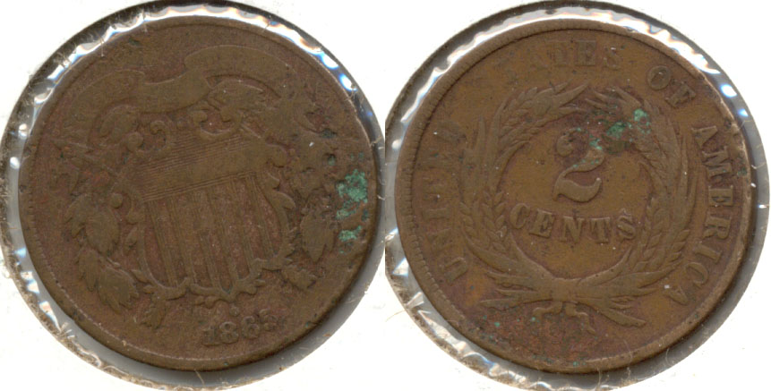 1865 Two Cent Piece Good-4 d Green Spots